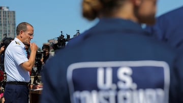 Rear Admiral John Mauger, the First Coast Guard District commander, speaks during a press conference updating about the search of the missing OceanGate Expeditions submersible, which is carrying five people to explore the wreck of the sunken Titanic, in Boston, Massachusetts, U.S., June 22, 2023.  REUTERS/Brian Snyder