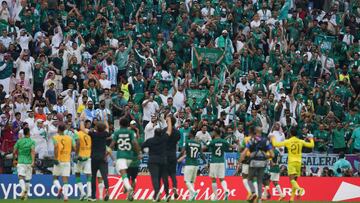 LUSAIL, QATAR - NOVEMBER 22: Players of Saudi Arabia celebrates the winning with fans after the 2022 FIFA World Cup Qatar group C between Argentina and Saudi Arabia at Lusail Stadium on November 22, 2022 in Lusail, Qatar. (Photo by Florencia Tan Jun/PxImages/Icon Sportswire via Getty Images)