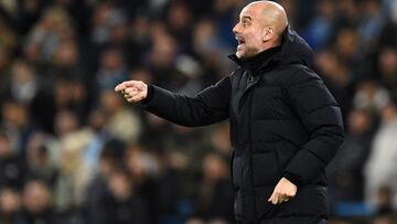 Manchester City&#039;s Spanish manager Pep Guardiola shouts instructions to his players from the touchline during the UEFA Champions League round of 16 second leg football match between Manchester City and Sporting Lisbon at the Etihad Stadium in Manchest