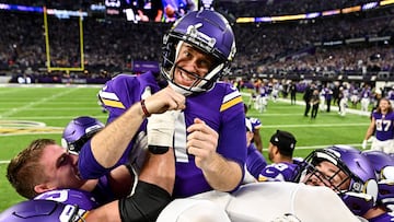 MINNEAPOLIS, MINNESOTA - DECEMBER 17: Greg Joseph #1 of the Minnesota Vikings celebrates with teammates after hitting the game winning field goal in overtime against the Indianapolis Colts at U.S. Bank Stadium on December 17, 2022 in Minneapolis, Minnesota.   Stephen Maturen/Getty Images/AFP (Photo by Stephen Maturen / GETTY IMAGES NORTH AMERICA / Getty Images via AFP)