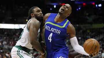 Atlanta Hawks forward Paul Millsap (4) is fouled by Boston Celtics forward Jae Crowder (99) in the second half of an NBA basketball game on Thursday, April 6, 2017, in Atlanta. The Hawks won the game 123-116. (AP Photo/Todd Kirkland)