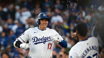 May 6, 2024; Los Angeles, California, USA; Los Angeles Dodgers designated hitter Shohei Ohtani (17) celebrates with outfielder Teoscar Hernandez (37) after hitting a home run during the first inning against the Miami Marlins at Dodger Stadium. Mandatory Credit: Kiyoshi Mio-USA TODAY Sports