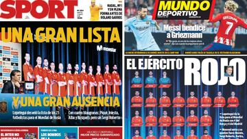 Portadas de 'Sport' y 'Mundo Deportivo' del martes 22 de mayo de 2018.