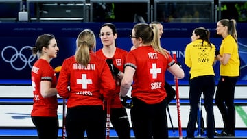 Milano Cortina 2026 Olympics - Curling - Women's Gold Medal Game - Switzerland vs Sweden - Cortina Curling Olympic Stadium, Cortina d'Ampezzo, Italy - February 22, 2026. Team Switzerland reacts during the Women's Gold Medal Game against Sweden REUTERS/Jennifer Lorenzini