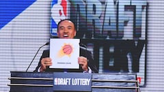 NEW YORK, NY - MAY 16:   Deputy Commissioner of the NBA, Mark Tatum announces the Phoenix Sun&#039;s 4th pick during the 2017 NBA Draft Lottery at the New York Hilton in New York, New York. NOTE TO USER: User expressly acknowledges and agrees that, by downloading and or using this Photograph, user is consenting to the terms and conditions of the Getty Images License Agreement.  Mandatory Copyright Notice: Copyright 2017 NBAE (Photo by Jesse D. Garrabrant/NBAE via Getty Images)