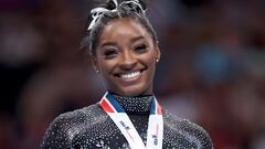 SAN JOSE, CALIFORNIA - AUGUST 27: Simone Biles celebrates after placing first in the floor exercise competition on day four of the 2023 U.S. Gymnastics Championships at SAP Center on August 27, 2023 in San Jose, California.   Ezra Shaw/Getty Images/AFP (Photo by EZRA SHAW / GETTY IMAGES NORTH AMERICA / Getty Images via AFP)