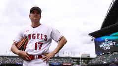 SEATTLE, WASHINGTON - JULY 10: Shohei Ohtani #17 of the Los Angeles Angels looks on during Gatorade All-Star Workout Day at T-Mobile Park on July 10, 2023 in Seattle, Washington.   Steph Chambers/Getty Images/AFP (Photo by Steph Chambers / GETTY IMAGES NORTH AMERICA / Getty Images via AFP)