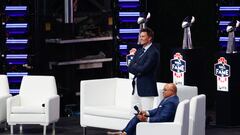 FOXBOROUGH, MASSACHUSETTS - JUNE 12: Tom Brady and Mike Tirico look on during the 2024 Hall of Fame Induction Ceremony for Tom Brady at Gillette Stadium on June 12, 2024 in Foxborough, Massachusetts.   China Wong/Getty Images/AFP (Photo by China Wong / GETTY IMAGES NORTH AMERICA / Getty Images via AFP)