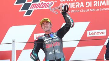 Misano (Italy), 13/09/2020.- Winner John McPhee of Petronas Sprinta Racing on the podium of the Race moto3 for the motorcycling Grand Prix of San Marino at the Misano World Circuit Marco Simoncelli, Italy, 13 September 2020. (Motociclismo, Ciclismo, Itali