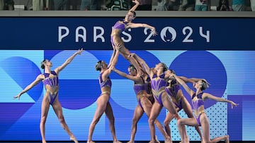 Saint-denis (France), 06/08/2024.- Team Spain competes in the Team Free Routine of the Artistic Swimming competitions in the Paris 2024 Olympic Games, at the Aquatics Centre in Saint Denis, France, 06 August 2024. (Francia, España) EFE/EPA/CAROLINE BLUMBERG