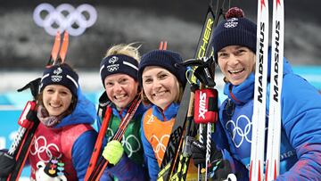 PYEONGCHANG-GUN, SOUTH KOREA - FEBRUARY 22: Anais Chevalier of France, Marie Dorin Habert of France, Justine Braisaz of France, Anais Bescond of France celebrate during the Biathlon Women's Relay at Alpensia Biathlon Centre on February 22, 2018 in Pyeongchang-gun, South Korea. (Photo by Christophe Pallot/Agence Zoom/Getty Images)