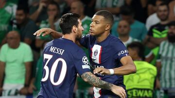 Soccer Football - Champions League - Group H - Maccabi Haifa v Paris St Germain - Sammy Ofer Stadium, Haifa, Israel - September 14, 2022  Paris St Germain's Kylian Mbappe celebrates scoring their second goal with Lionel Messi REUTERS/Nir Elias