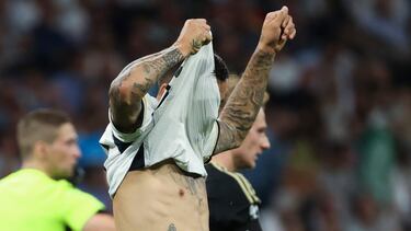MADRID, 20/09/2023.- El delantero del Real Madrid Joselu se lamenta tras fallar una ocasión durante el encuentro del grupo C de Liga de Campeones entre Real Madrid y Unión Berlín, este miércoles en el Estadio Santiago Bernabéu en Madrid. EFE/ Kiko Huesca