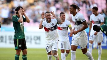 Soccer Football - Friendly - Jeonbuk Hyundai Motors FC v Paris St Germain - Busan Asiad Stadium, Busan, South Korea - August 3, 2023 Paris St Germain's Neymar celebrates scoring their first goal with Cher Ndour and teammates REUTERS/Kim Hong-Ji