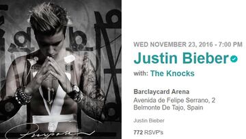Imagen de la web de Justin Bieber anunciando su concierto en Belmonte de Tajo.