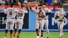 Jun 17, 2023; Los Angeles, California, USA; San Francisco Giants and center fielder Luis Matos (29) celebrate the victory against the Los Angeles Dodgers  at Dodger Stadium. Mandatory Credit: Gary A. Vasquez-USA TODAY Sports