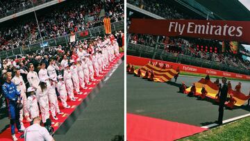 Los pilotos de F1 escuchan los himnos de España y Cataluña durante el GP de España.