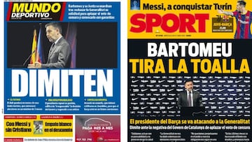 Portadas de Mundo Deportivo y Sport del 28 de octubre de 2020 con la dimisi&oacute;n de Josep Mar&iacute;a Bartomeu como presidente del Bar&ccedil;a como tema principal.
