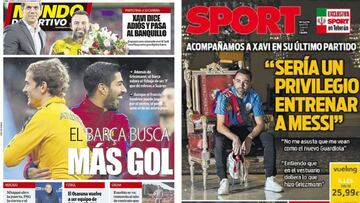 Portadas de Mundo Deportivo y Sport del 21 de mayo de 2019 con Antoine Griezmann, Luis Su&aacute;rez y Xavi Hern&aacute;ndez como protagonistas.