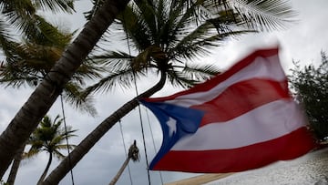 A Puerto Rican flag tied to a swing waves, as Tropical Storm Ernesto approaches Loiza, Puerto Rico August 13, 2024. REUTERS/Ricardo Arduengo
