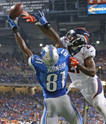 En el siguiente drive, el pase de Stafford a Calvin Johnson ser¨ªa interceptado por Bruton. Megatron finaliz¨® el choque con 8 recepciones para unas discretas 77 yardas. A¨²n as¨ª, ser¨ªa el m¨¢ximo receptor de los Lions, seguidos por el running back Theo Riddick (tambi¨¦n 8 recepciones para 66 yardas) y el tight end Eric Ebron (4 para 61).