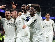 Real Madrid's Uruguayan midfielder #08 Federico Valverde (2L) celebrates his third goal during the UEFA Champions League last 16 first leg football match between Real Madrid CF and Manchester City at Santiago Bernabeu Stadium in Madrid on March 11, 2026. (Photo by Pierre-Philippe MARCOU / AFP)