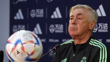 Rabat (Morocco), 10/02/2023.- Real Madrid's head coach Carlo Ancelotti attends a press conference at Prince Moulay Abdellah Stadium in Rabat, Morocco, 10 February 2023. Real Madrid will face Al Hilal SFC in the FIFA Club World Cup final match on 11 February 2023. (Mundial de Fútbol, Marruecos) EFE/EPA/MOHAMED MESSARA
