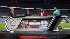 ESPN Monday Night Football broadcasters Scott Van Pelt (left), Ryan Clark (left center), Marcus Spears (right center), and Robert Griffin III (right) before a game
