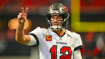 ATLANTA, GA  JANUARY 08:  Tampa Bay quarterback Tom Brady (12) warms up prior to the start of the NFL game between the Tampa Bay Buccaneers and the Atlanta Falcons on January 8th, 2023 at Mercedes-Benz Stadium in Atlanta, GA.  (Photo by Rich von Biberstein/Icon Sportswire via Getty Images)