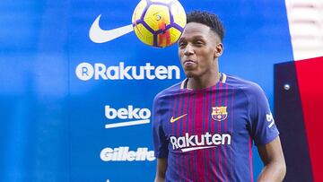 Yerry Mina en el entrenamiento de FC Barcelona, nuevo equipo en 2018