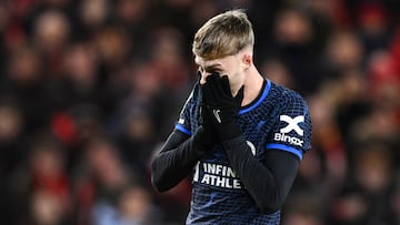 Chelsea's English midfielder #20 Cole Palmer reacts after a missed chance during the English League Cup first-leg semi-final football match between Middlesbrough and Chelsea at the Riverside Stadium in Middlesbrough, northeast England on January 9, 2024. (Photo by Oli SCARFF / AFP) / RESTRICTED TO EDITORIAL USE. No use with unauthorized audio, video, data, fixture lists, club/league logos or 'live' services. Online in-match use limited to 120 images. An additional 40 images may be used in extra time. No video emulation. Social media in-match use limited to 120 images. An additional 40 images may be used in extra time. No use in betting publications, games or single club/league/player publications. / 