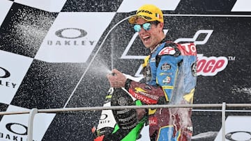 Scarperia (Italy), 02/06/2019.- Spanish Moto2 rider Alex Marquez of EG 0,0 Marc VDS celebrates on the podium after the Motorcycling Grand Prix of Italy at the Mugello circuit in Scarperia, central Italy, 2 June 2019 (Motociclismo, Ciclismo, Italia) EFE/EPA/CLAUDIO GIOVANNINI