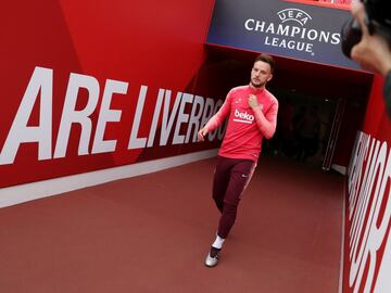 Ivan Rakitic comes out for Barcelona's training session at Anfield