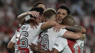 River Plate's forward Lucas Beltran (C) celebrates with teammates after scoring the teams second goal against Godoy Cruz during their Argentine Professional Football League Tournament 2023 match at El Monumental stadium, in Buenos Aires, on March 12, 2023. (Photo by ALEJANDRO PAGNI / AFP) (Photo by ALEJANDRO PAGNI/AFP via Getty Images)