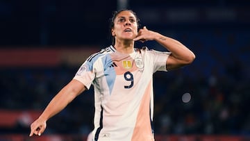 VALENCIA, SPAIN - FEBRUARY 21: Cristina Martin-Prieto of Spain celebrates her team third goal and winning goal during the UEFA Women's Nations League 2024/25 Grp A3 MD1 match between Spain and Belgium at Estadio Ciudad de Valencia on February 21, 2025 in Valencia, Spain. (Photo by Diego Souto/Getty Images)