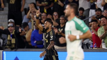 Aug 7, 2024; Los Angeles, California, USA; Los Angeles FC forward Denis Bouanga (99) celebrates after scoring a goal during the first half against the Austin FC at BMO Stadium. Mandatory Credit: Kiyoshi Mio-USA TODAY Sports