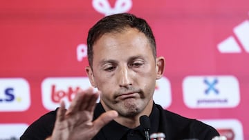 Belgium's headcoach Domenico Tedesco reacts during a press conference of Belgian national soccer team to announce the selection for the upcoming Nations League games, in Tubize on August 30, 2024. (Photo by BRUNO FAHY / Belga / AFP) / Belgium OUT
