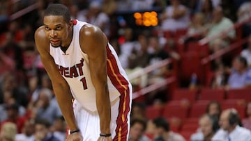 MIAMI, FL - NOVEMBER 01: Chris Bosh #1 of the Miami Heat looks on during a game against the Houston Rockets at American Airlines Arena on November 1, 2015 in Miami, Florida. NOTE TO USER: User expressly acknowledges and agrees that, by downloading and/or using this photograph, user is consenting to the terms and conditions of the Getty Images License Agreement. Mandatory copyright notice:   Mike Ehrmann/Getty Images/AFP
 == FOR NEWSPAPERS, INTERNET, TELCOS &amp; TELEVISION USE ONLY ==