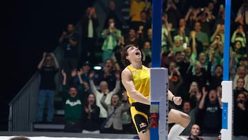 Sweden's Armand Duplantis celebrates after his 6,31 jump, setting a new world record during the Mondo Classic pole vault competition in gala format at the IFU Arena in Uppsala on March 12, 2026. (Photo by Fredrik PERSSON / TT News Agency / AFP) / Sweden OUT