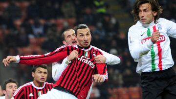 AC Milan&#039;s Swedish forward Zlatan Ibrahimovic (C) challanges for the ball with Juventus&#039; defender Giorgio Chiellini (back) and Juventus&#039; midfielder Andrea Pirlo during their Tim Cup semifinal football match between AC  Milan vs Juventus at 