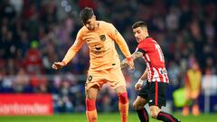MADRID, SPAIN - FEBRUARY 19: Alvaro Morata of Atletico de Madrid competes for the ball with Yuri Berchiche of Athletic Club during the LaLiga Santander match between Atletico de Madrid and Athletic Club at Civitas Metropolitano Stadium on February 19, 2023 in Madrid, Spain. (Photo by Cristian Trujillo/Quality Sport Images/Getty Images)