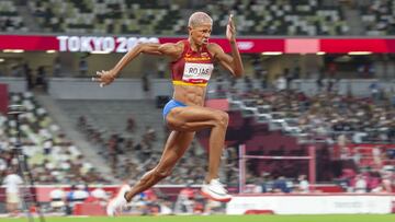 TOKYO, JAPAN August 1:   Yulimar Rojas of Venezuela in action during her gold medal performance in the Women&#039;s Triple Jump Final at the Olympic Stadium at the Tokyo 2020 Summer Olympic Games on August 1st, 2021 in Tokyo, Japan. (Photo by Tim Clayton/