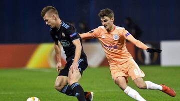 Dinamo Zagreb's Spanish midfielder Dani Olmo (L) vies with Anderlecht's Belgian midfielder Pieter Gerkens during the UEFA Europa League Group D football match between GNK Dinamo Zagreb and RSC Anderlecht at the Maksimir stadium in Zagreb on Dece
