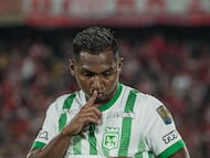 Alfredo Morelos celebrando un gol con Atlético Nacional ante Independiente Santa Fe.