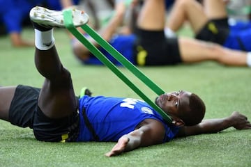 Manchester United's Paul Pogba warms up during a training session in Singapore on July 19, 2019, ahead of their International Champions Cup football match against Inter Milan.
