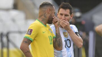 Brazil's Neymar (L) and Argentina's Lionel Messi talk before their South American qualification football match for the FIFA World Cup Qatar 2022 at the Neo Quimica Arena, also known as Corinthians Arena, in Sao Paulo, Brazil, on September 5, 202