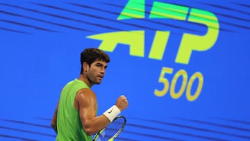 Tennis - Qatar Open - Khalifa International Tennis and Squash complex, Doha, Qatar - February 19, 2026 Spain's Carlos Alcaraz reacts during his quarterfinal match against Russia's Karen Khachanov REUTERS/Saleh Salem