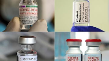 (COMBO) This combination of file pictures created on August 9, 2021, shows from left:- an army health personnel displays a vial of the AstraZeneca vaccine against the Covid-19 coronavirus in Colombo on August 1, 2021; the Ambreck pharmacy, in Milan, shows