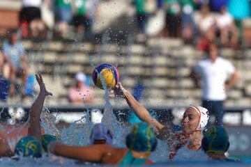 BUDAPEST, HUNGARY - JULY 02: Beatriz Ortiz #4 of Team Spain shoots on goal during the Women's Water Polo Classification 5th-6th Place match between Spain and Australia on day 13 of the Budapest 2022 FINA World Championships at Alfred Hajos National Aquatics Complex on July 02, 2022 in Budapest, Hungary. (Photo by Dean Mouhtaropoulos/Getty Images)