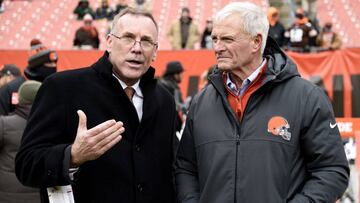 CLEVELAND, OH - DECEMBER 10: New General Manager John Dorsey of the Cleveland Browns is seen with owner Jimmy Haslam before the game against the Green Bay Packers at FirstEnergy Stadium on December 10, 2017 in Cleveland, Ohio. Jason Miller/Getty Images/AFP
== FOR NEWSPAPERS, INTERNET, TELCOS & TELEVISION USE ONLY ==